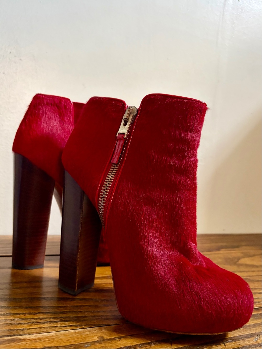 Brian Atwood Red Ponyhair Platform Ankle Booties with Side Zip